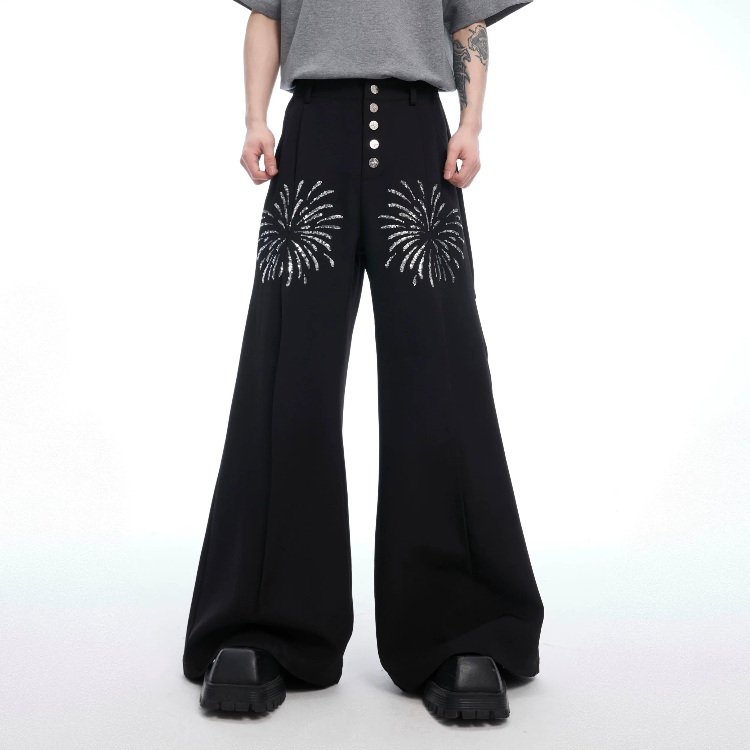 High waist glitter flare pants with shiny metal buttons, wide leg silhouette for a bold streetwear look