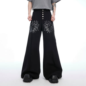 High waist glitter flare pants with shiny metal buttons, wide leg silhouette for a bold streetwear look