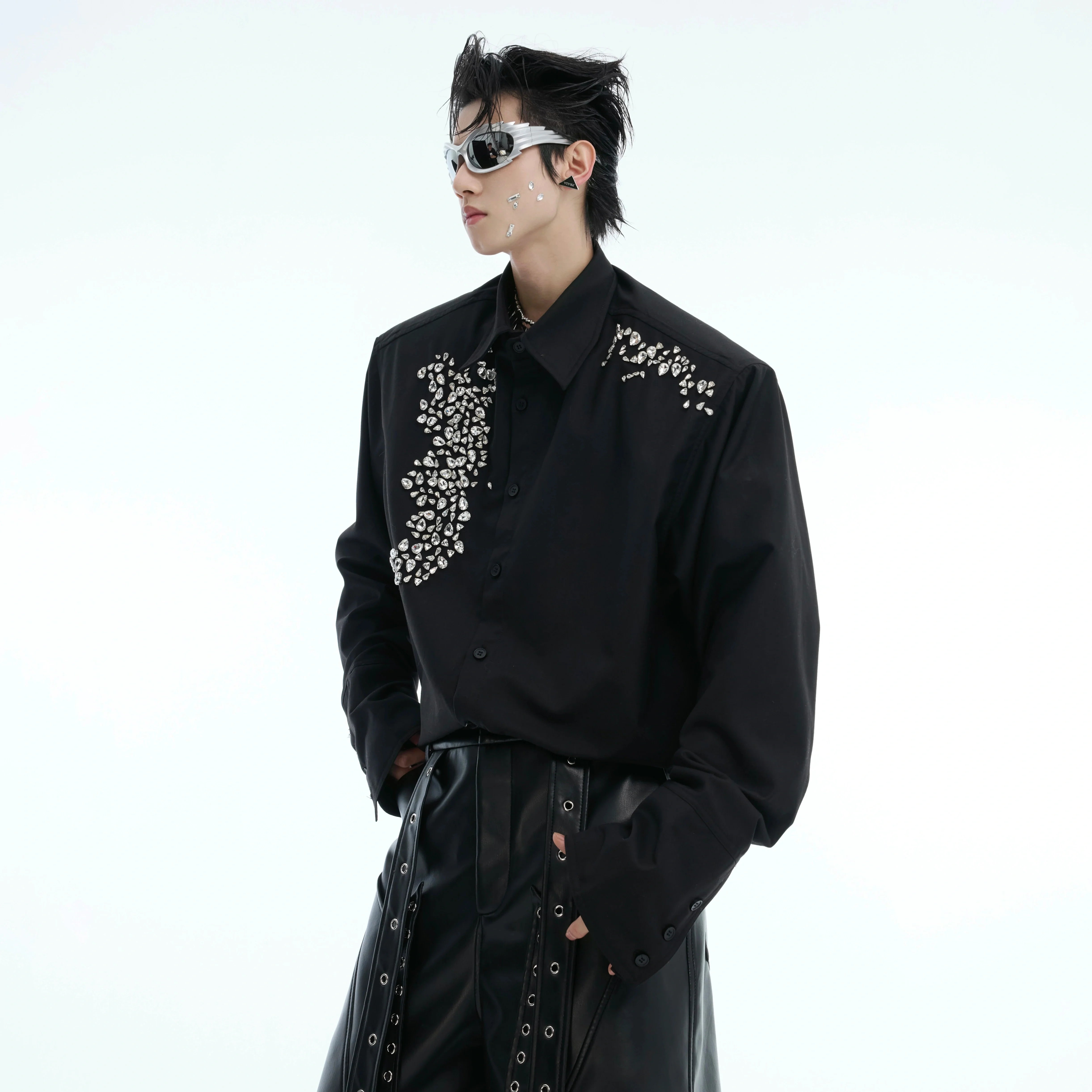 Glitter shoulder oversized white shirt with diamond trim, showcasing the luxury detailing and statement design