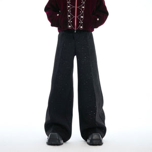 Sparkly high-waisted wide-leg trousers with slanted waist button, perfect for making a fashion statement