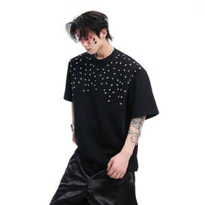 Front view of hand-stitched rhinestone heavyweight cotton crewneck with asymmetric crystal embellishments