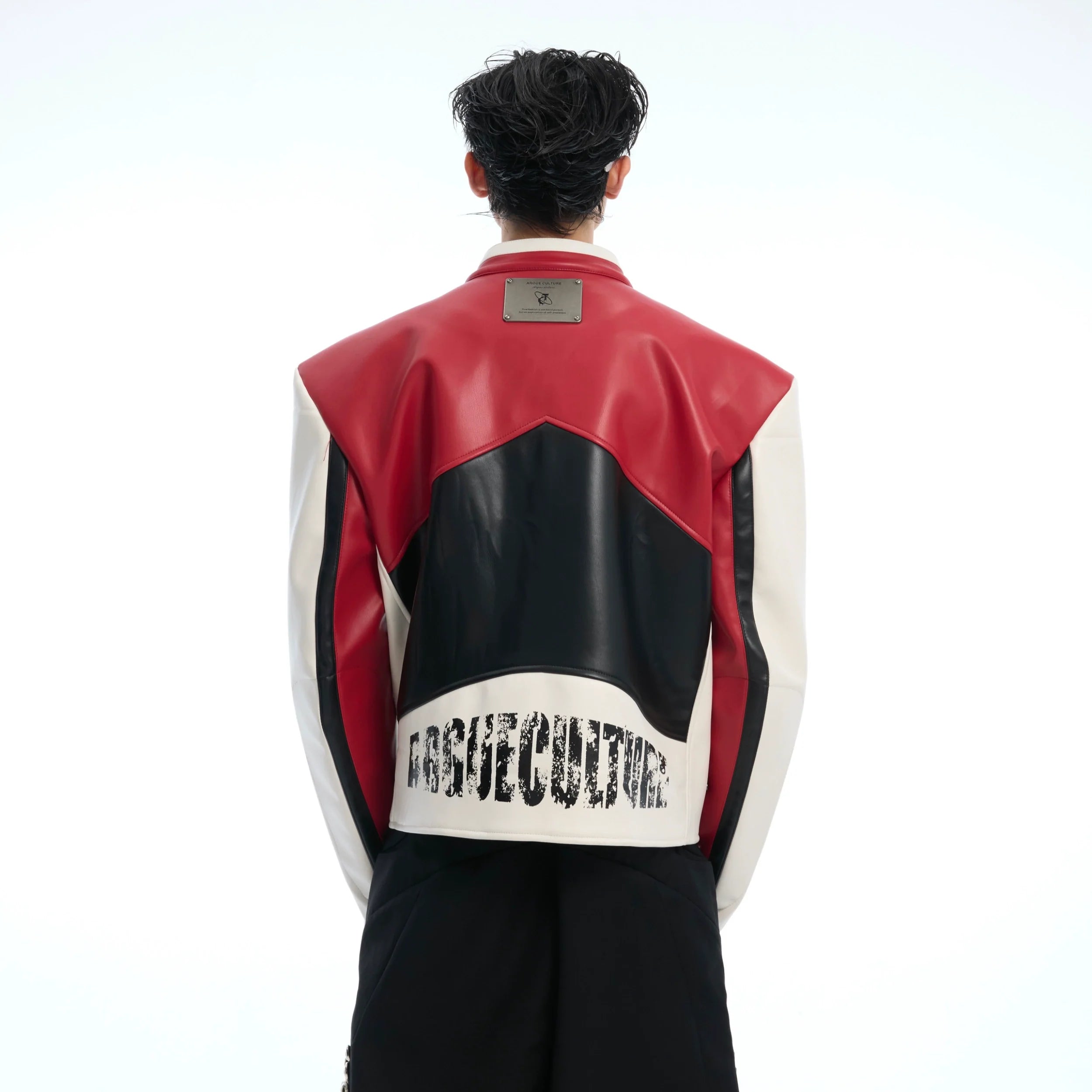 Red and white color block PU leather biker jacket with stand collar and distressed details