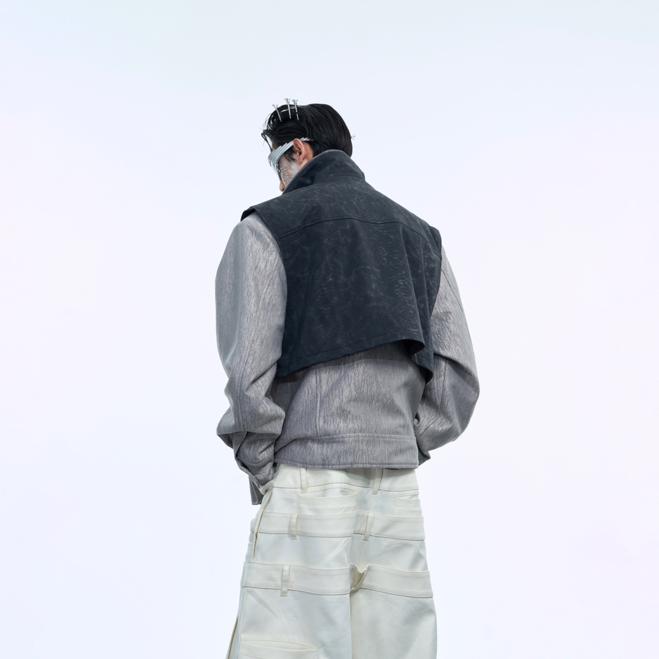 Heavyweight deconstructed waistcoat jacket showing premium craftsmanship and faux two-piece construction