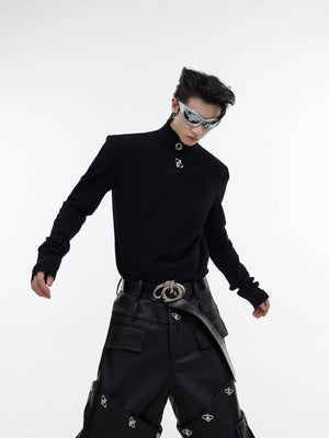 Front view of slim-fit long-sleeve shirt with high neck and metallic logo detail, perfect for streetwear outfits