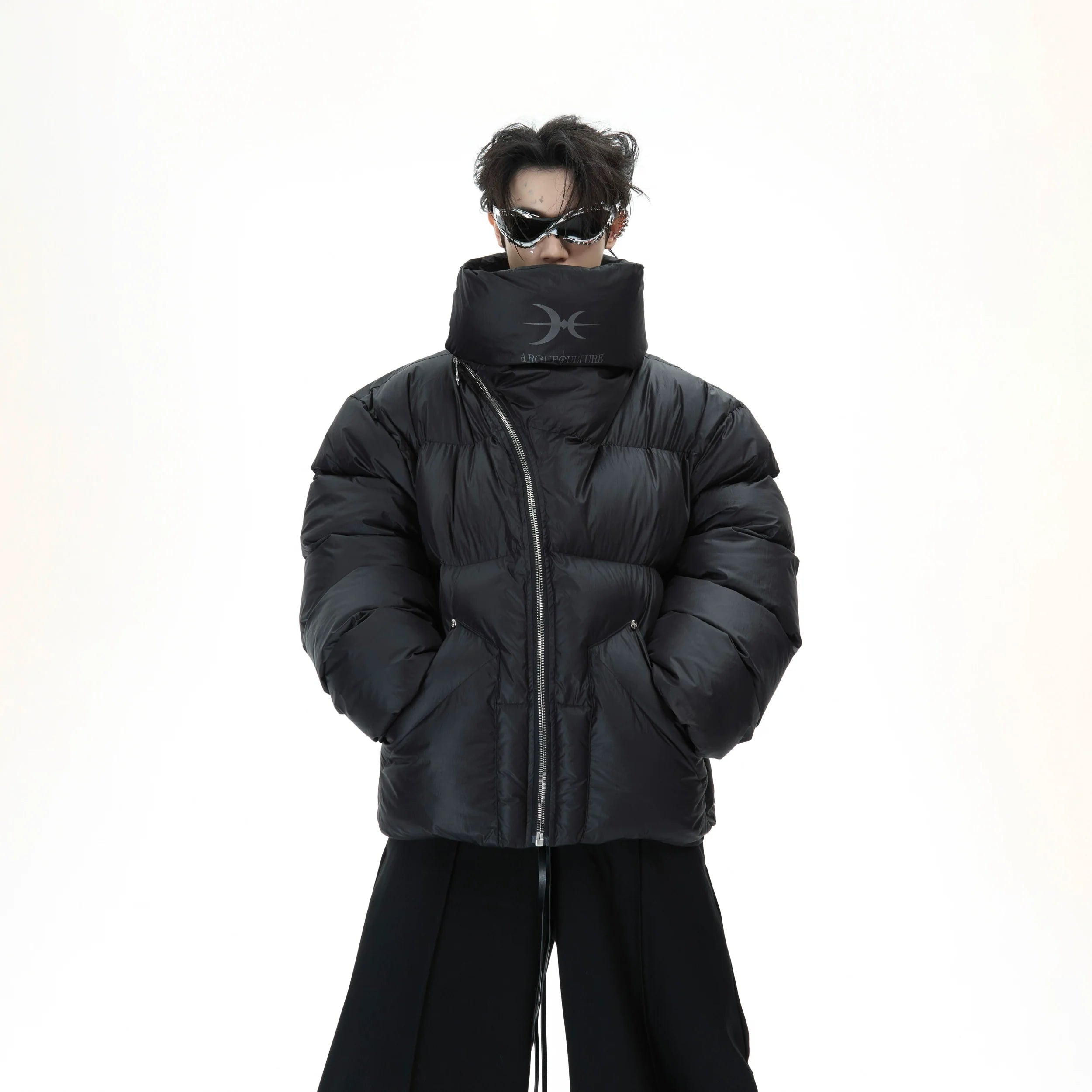Front view of high-neck oversized puffer jacket with unique diagonal metal zipper design, heavyweight cotton streetwear coat