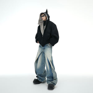 Close-up of reversible fox hoodie showing quality stitching and dual-fabric construction