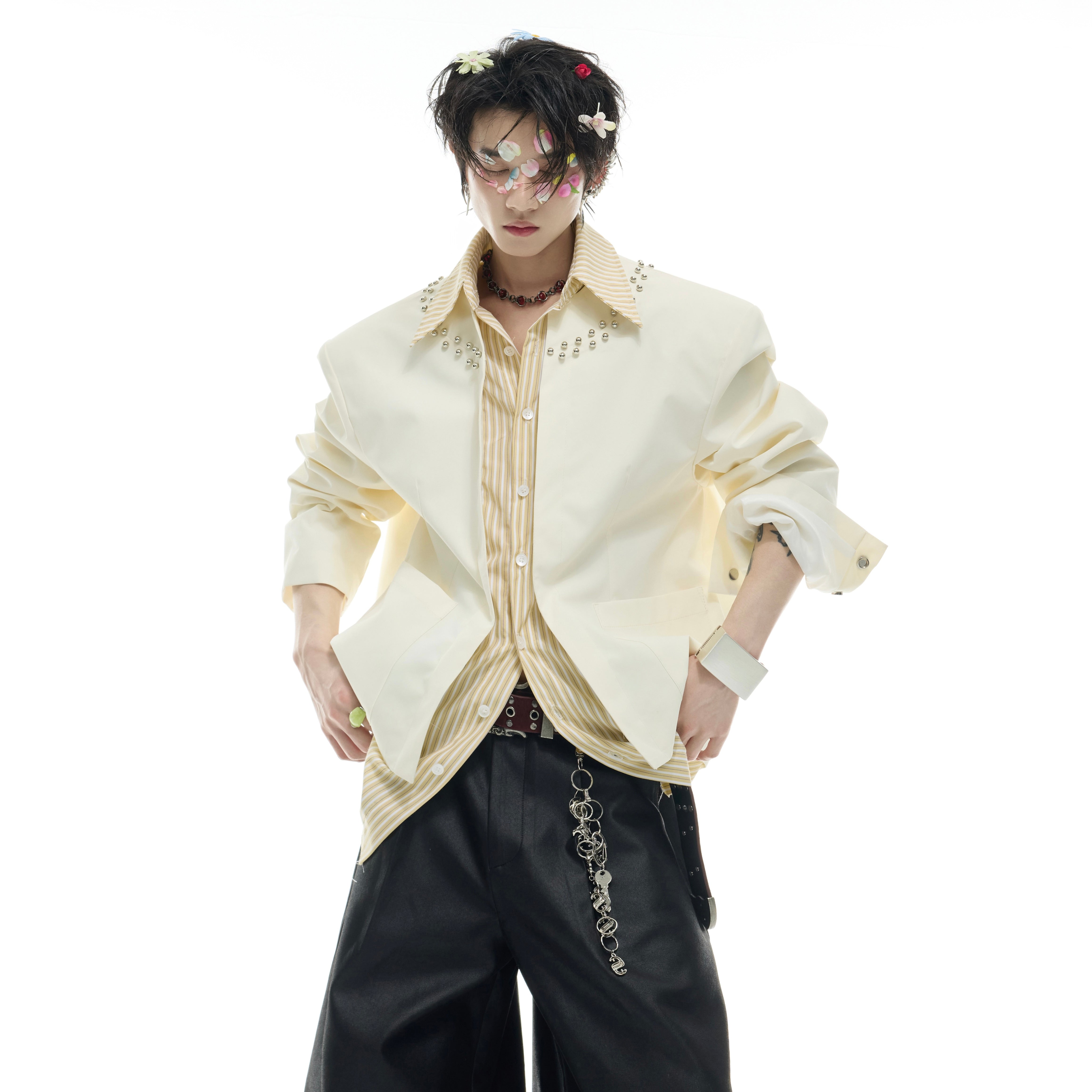 Close-up of the spliced polo collar on this streetwear striped shirt with deconstructed design elements