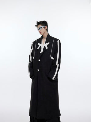 Statement striped long coat featuring an irregular hem design for edgy urban fashion looks