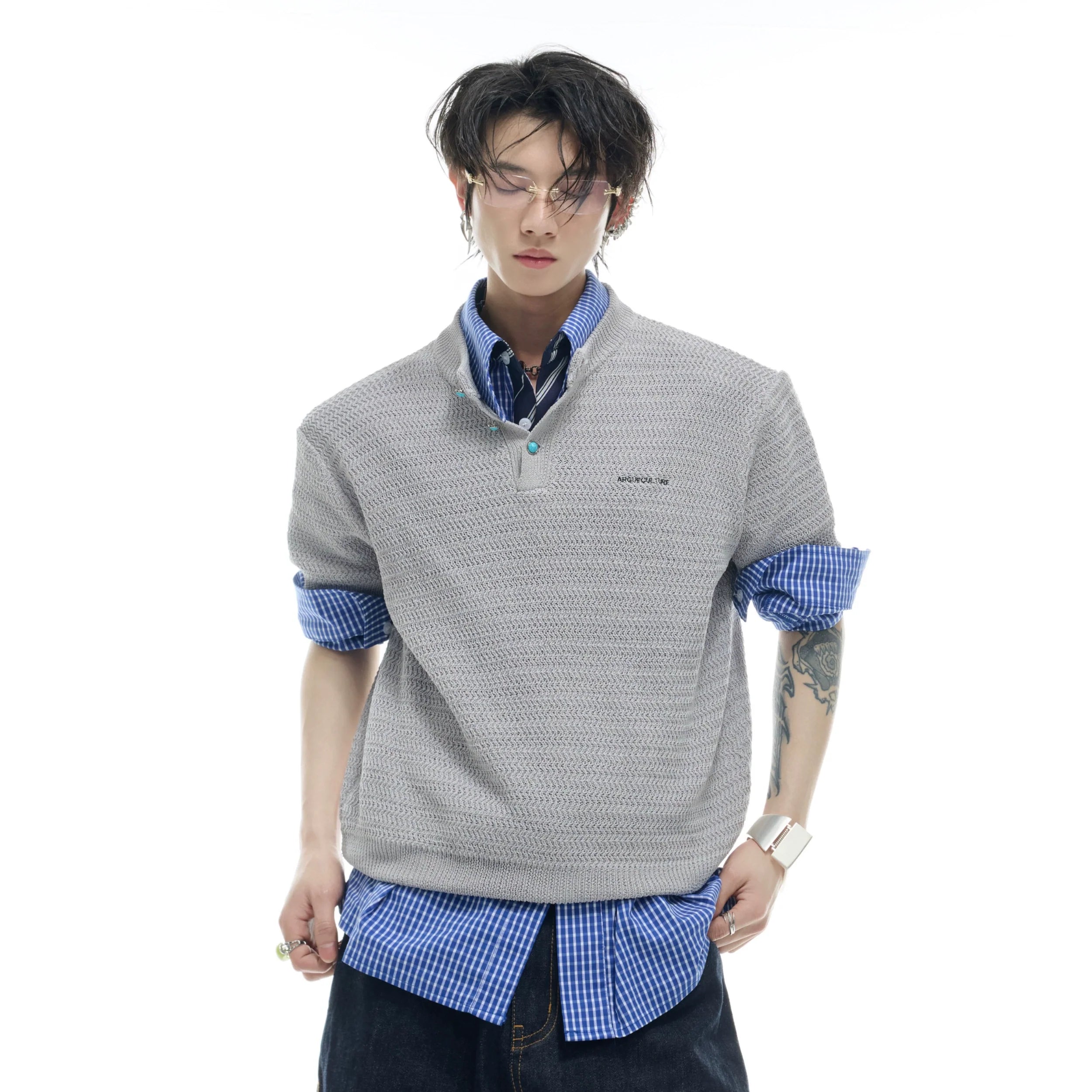 Summer lightweight crochet knit tee with loose fit and round neck featuring unique blue gemstone accents