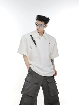 Deconstructed metal buckle polo shirt with asymmetric collar, perfect for streetwear fashion enthusiasts