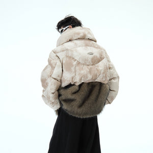 Avant-garde men's parka featuring deconstructed faux fur trim and innovative layered streetwear look