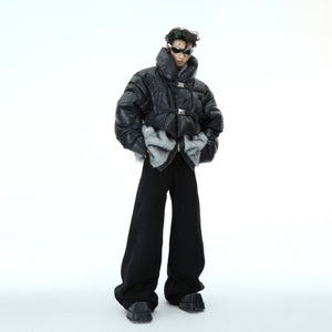 Detail shot showing the innovative deconstructed hem and cuff design of this faux fur parka