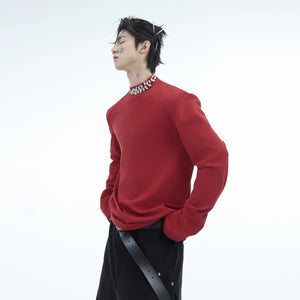 Men's loose fit rhinestone crew neck long sleeve tee with diamond embellishments, perfect for streetwear style