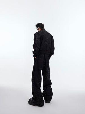 Side view of loose fit deconstructed sport suit for men, showing urban streetwear style with comfortable stretch fabric