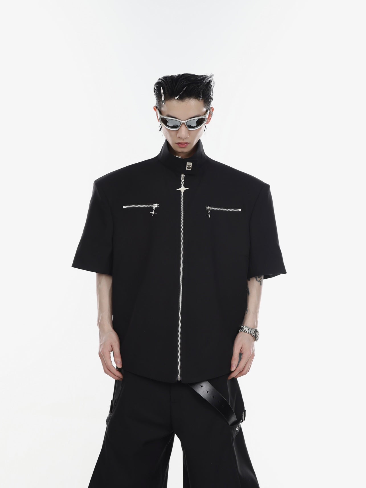 Short sleeve blazer for men with multiple metal zippers, showing the front design of this urban streetwear jacket