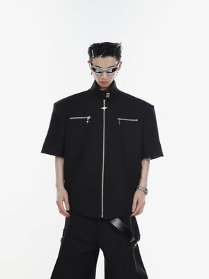 Short sleeve blazer for men with multiple metal zippers, showing the front design of this urban streetwear jacket