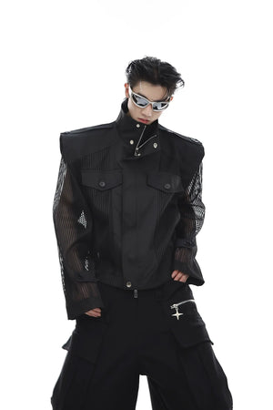 Front view of deconstructed mesh-paneled streetwear jacket with UV protection, showing cropped silhouette and breathable panels