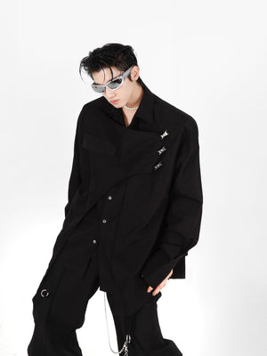 Back view of the streetwear shirt featuring metal accents and asymmetric hem design