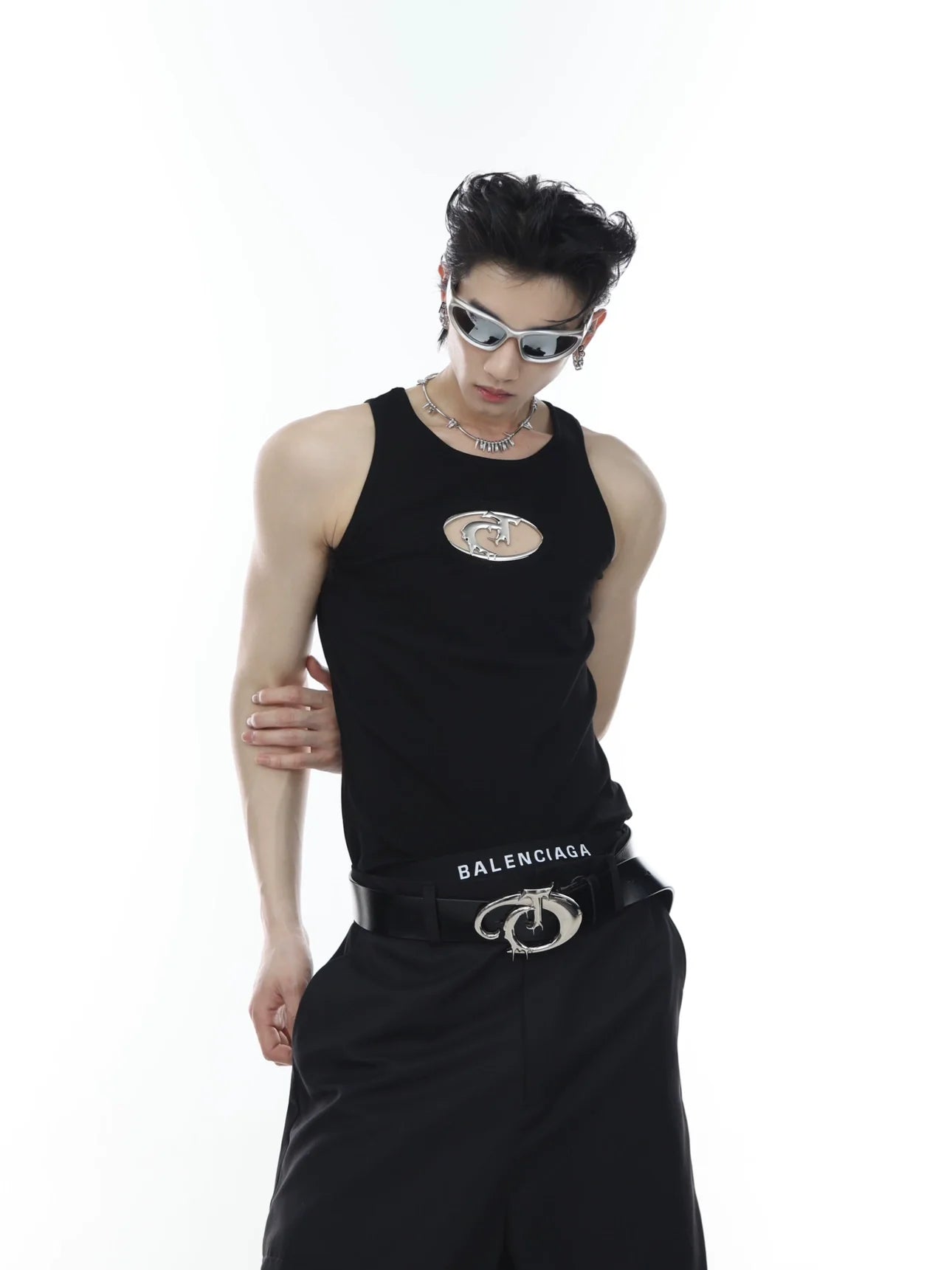 Front view of edgy metal mesh tank top with striking 3D texture, perfect for punk summer streetwear outfits