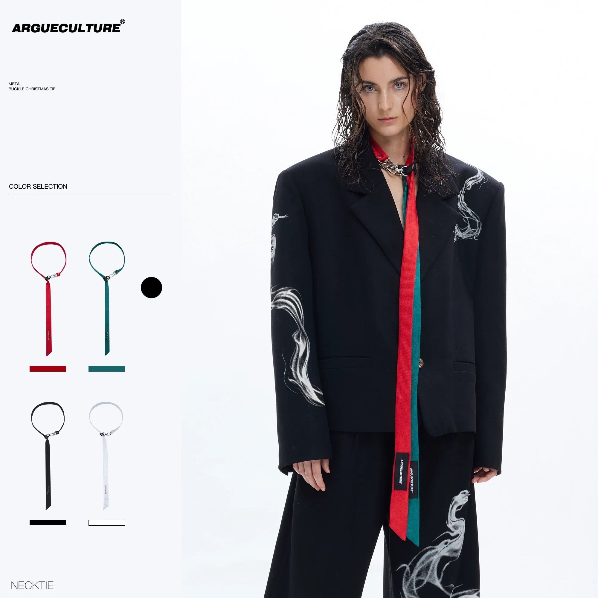 Minimalist long neckwear with punk-inspired metal chain accents and buckle detail for edgy style