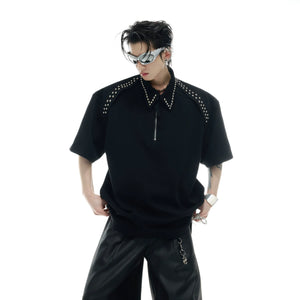 Front view of metal-trim polo shirt with half-zip and short sleeves, perfect for urban streetwear outfits