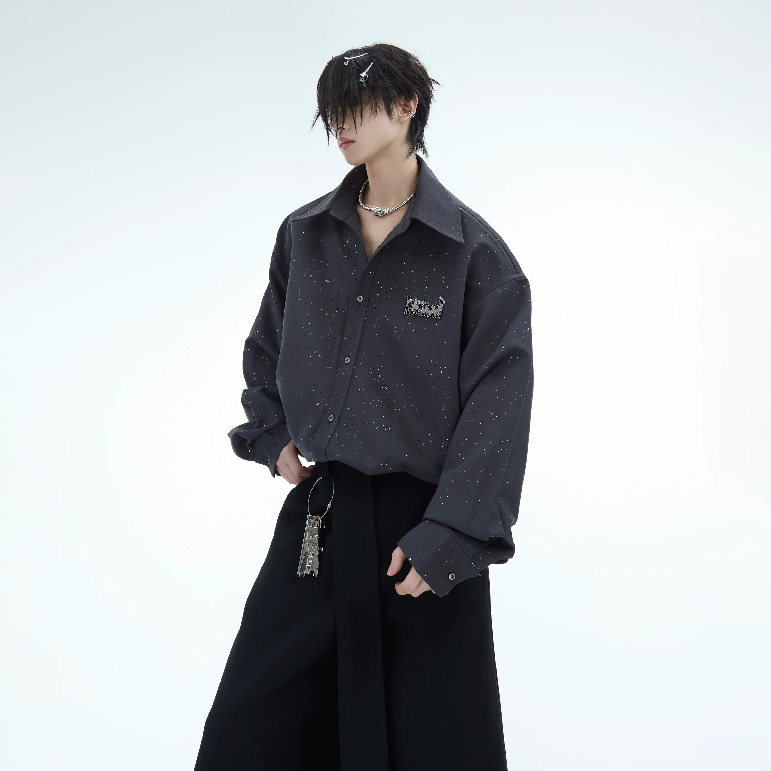 Metallic flame long sleeve shirt with sparkling details, loose fit for urban streetwear style