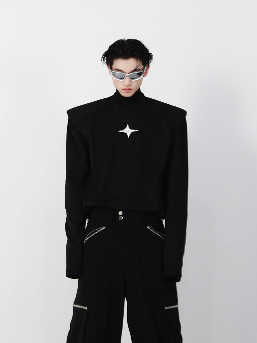 Chic metallic high-neck slim-fit long sleeve top showcasing avant-garde streetwear style with premium fabric