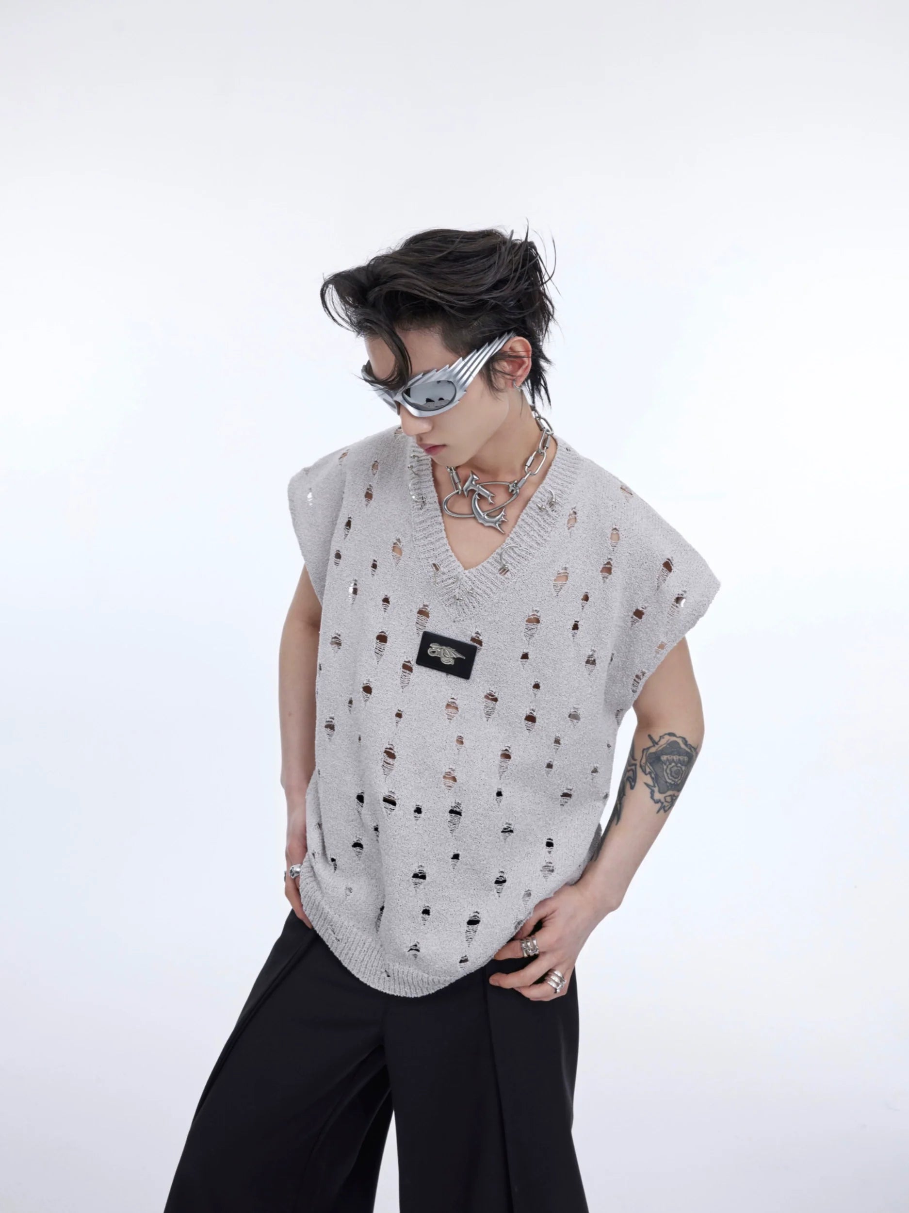 Metallic distressed knit tank top with glossy sheer cape - edgy Y2K streetwear fashion with deconstructed details