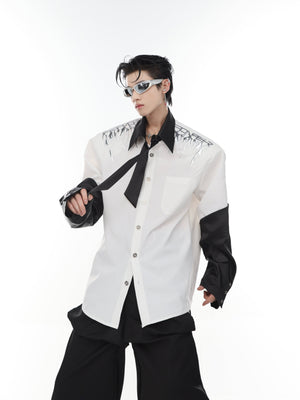 Front view showing the bold black and white contrast color blocking on this 3D metallic print streetwear top