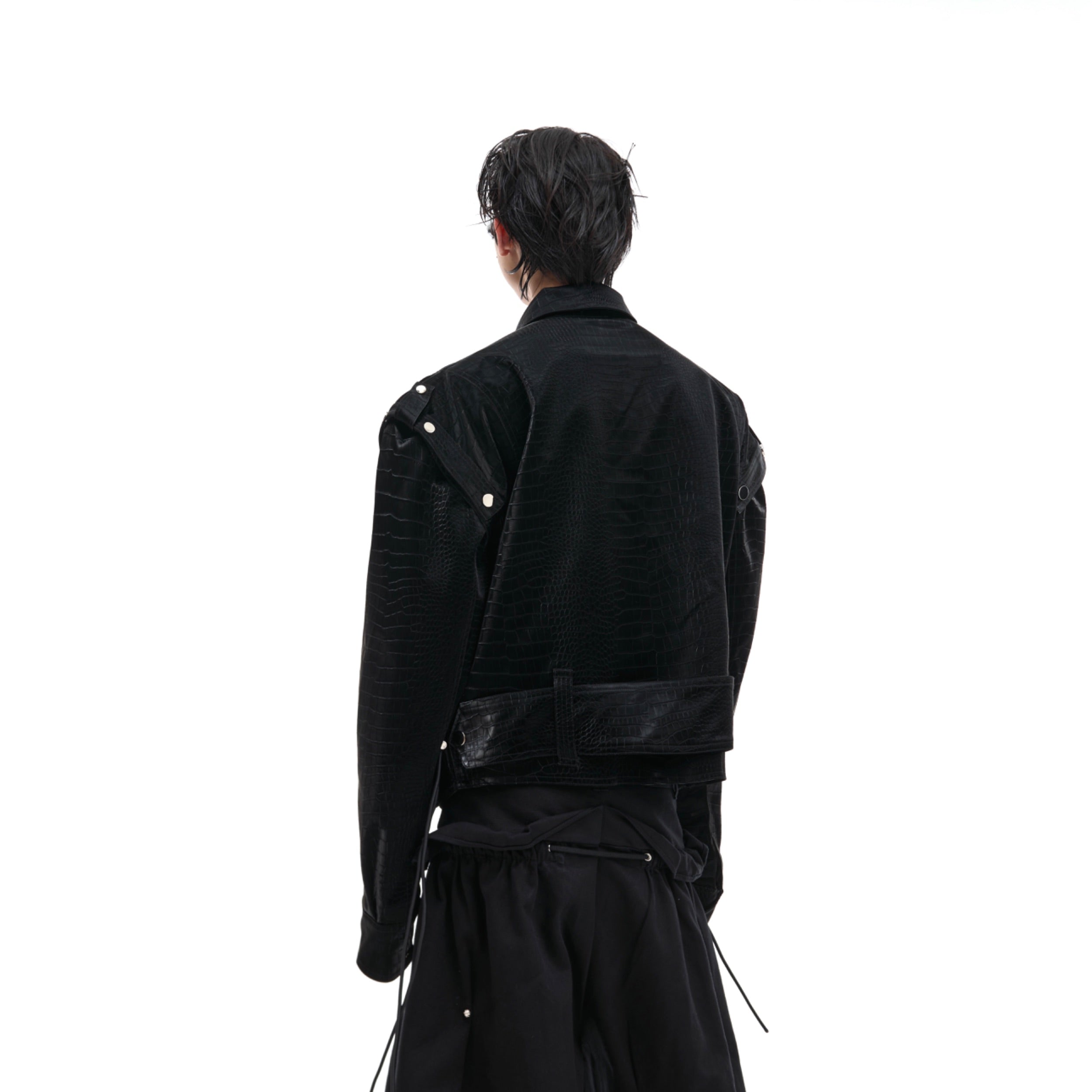 Front view of edgy deconstructed military collar leather jacket featuring bold architectural streetwear details