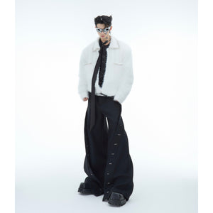 Side angle showing the elegant drape of this imitation mink wool oversized sweater