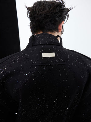 Male model wearing complete split-design hoodie set, showcasing contemporary urban streetwear fashion