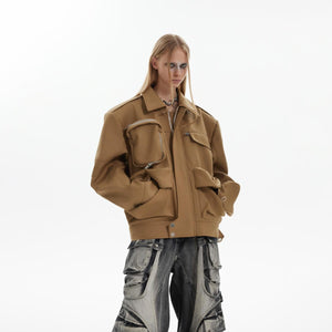 Side profile showcasing all functional pockets and the urban silhouette of this streetwear jacket