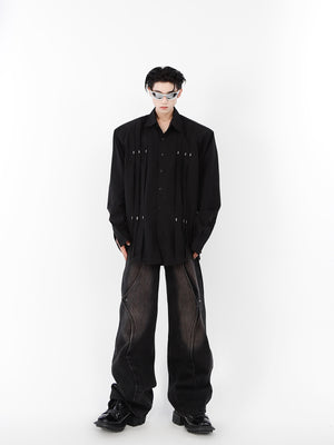 Side angle showing open front design of this metal-studded cotton shirt for men