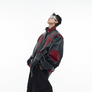 Deconstructed croc-print PU leather biker jacket in oversized fit, featuring bold color contrast patchwork design