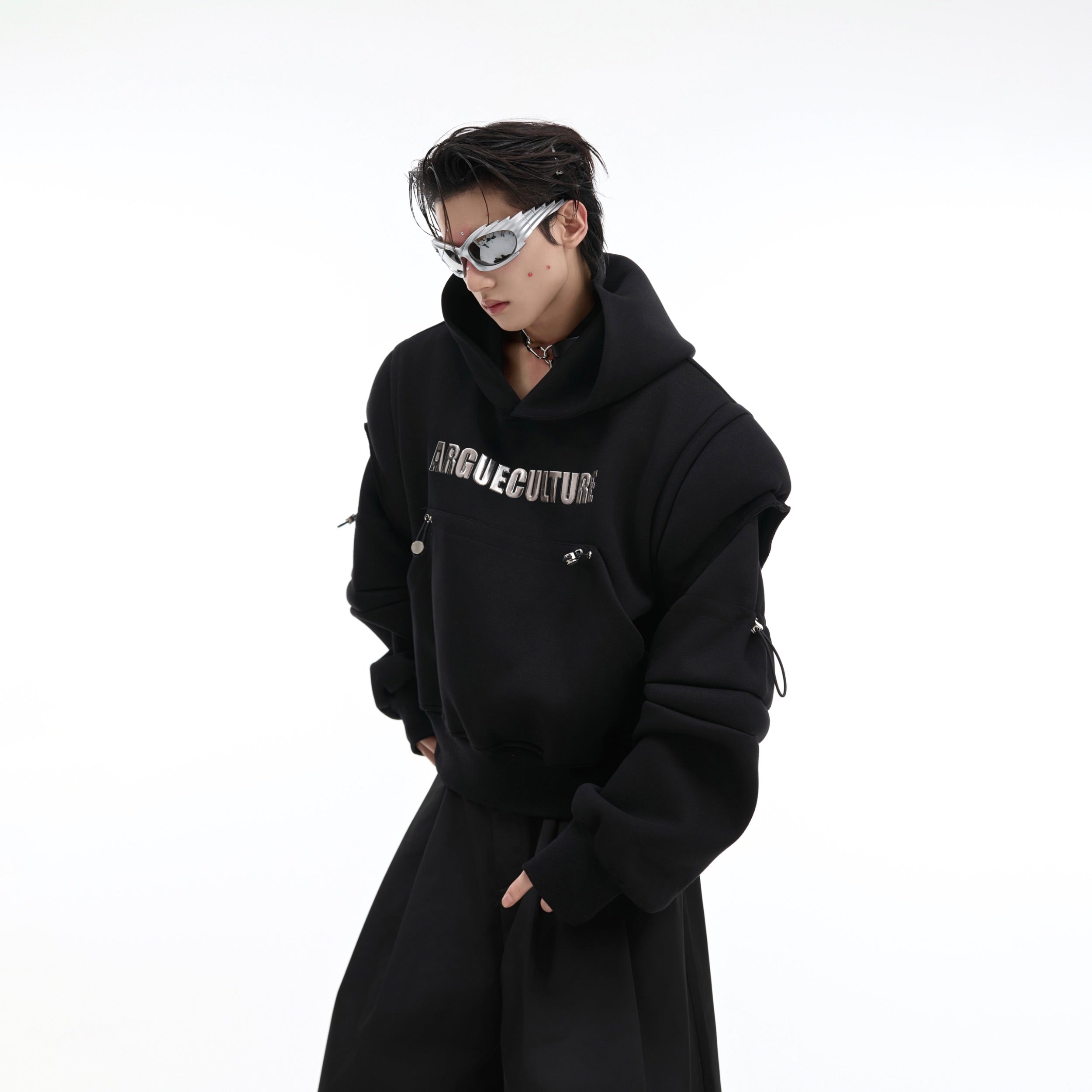 Deconstructed oversized hooded cropped sweatshirt with avant-garde streetwear design, perfect for fashion-forward looks