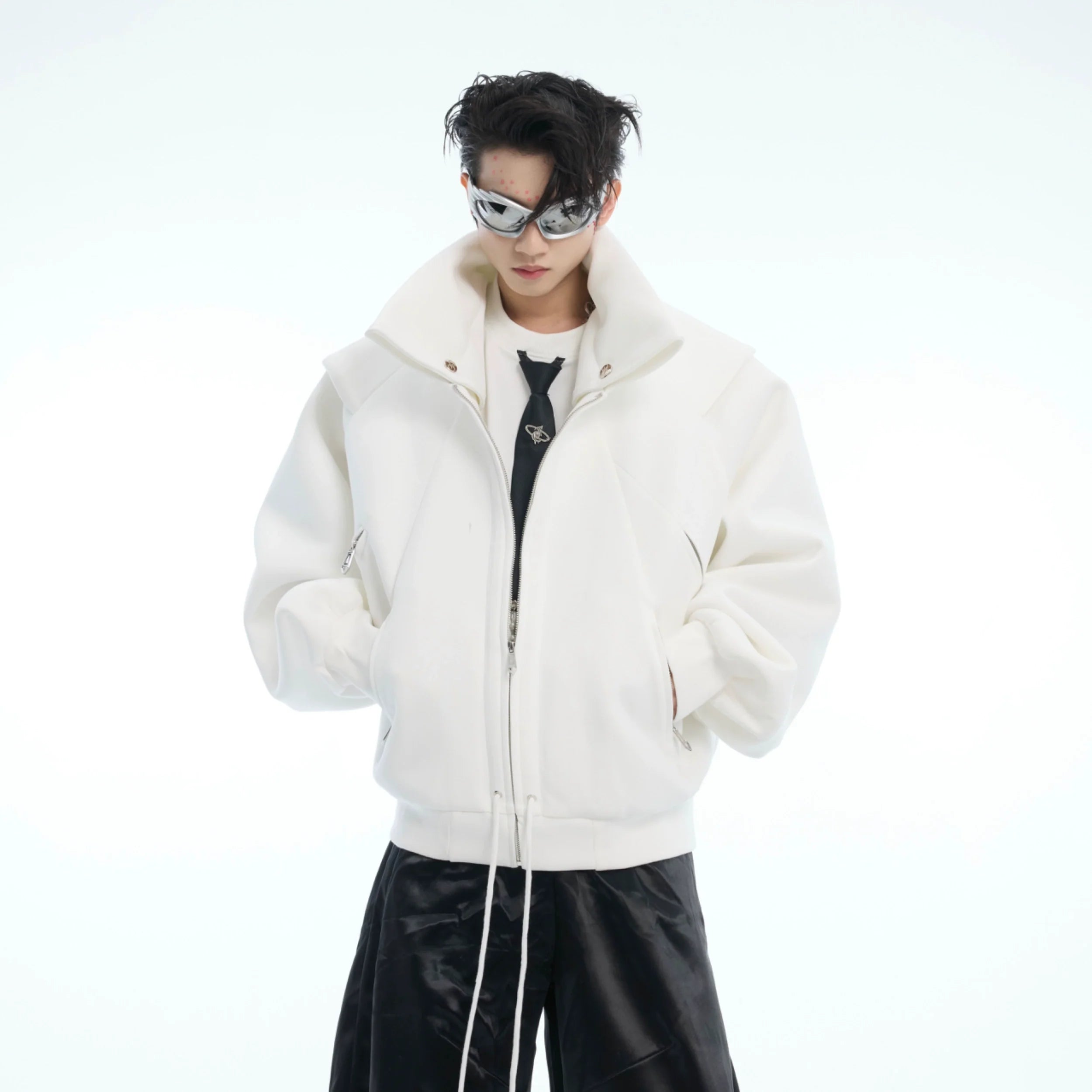 Deconstructed oversized hoodie cardigan with dual zipper design, showing front view of this unique streetwear piece