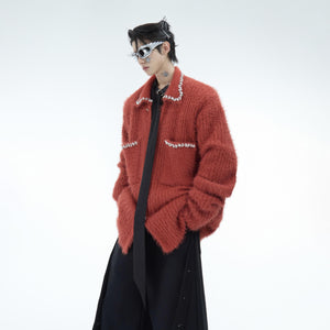 Close-up of diamond trim and premium mohair wool blend on this oversized streetwear cardigan