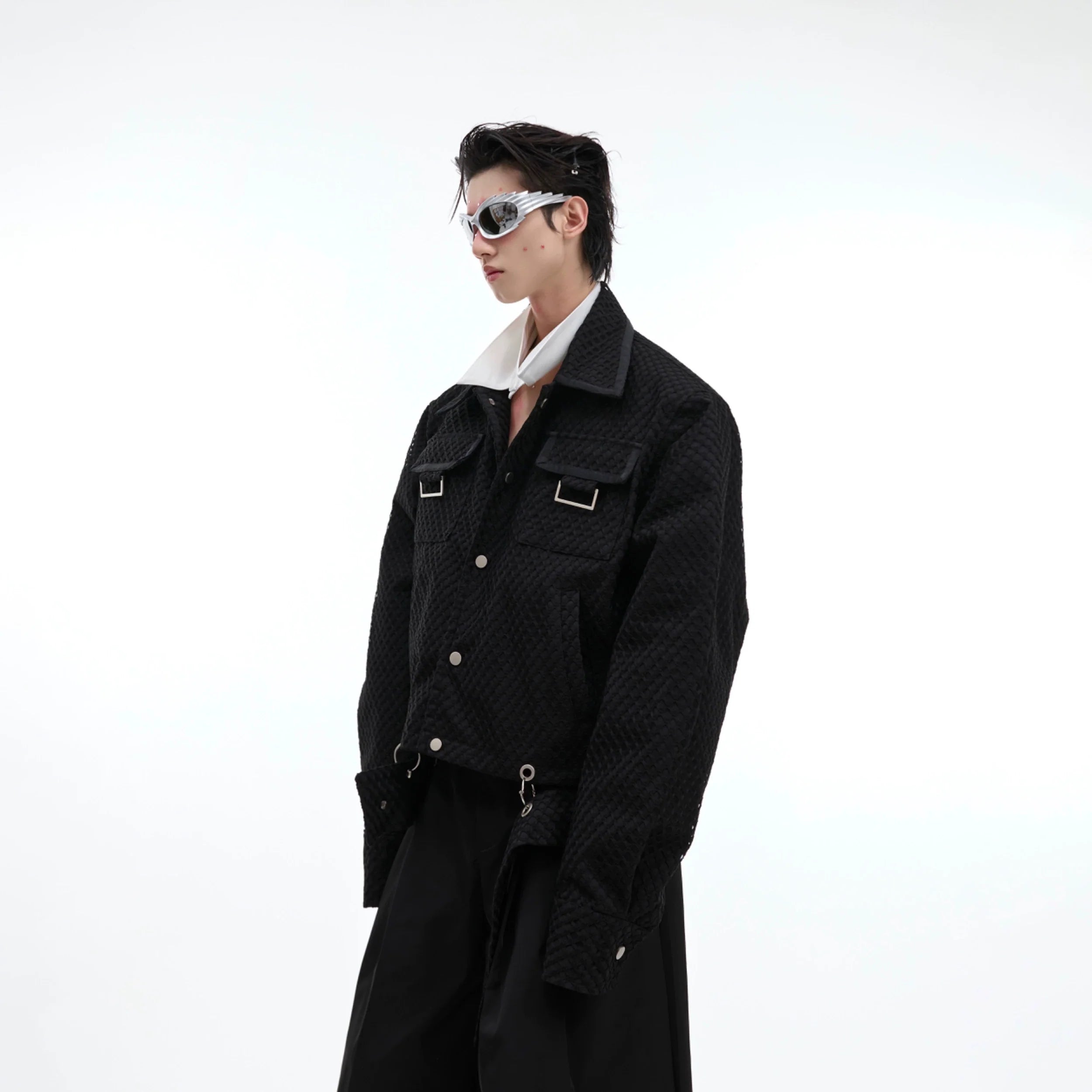 Oversized mesh collar jacket with unique textured fabric, perfect for streetwear fashion lovers