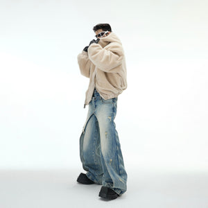 Urban oversized puffer coat showing plush fleece interior of reversible two-way streetwear jacket