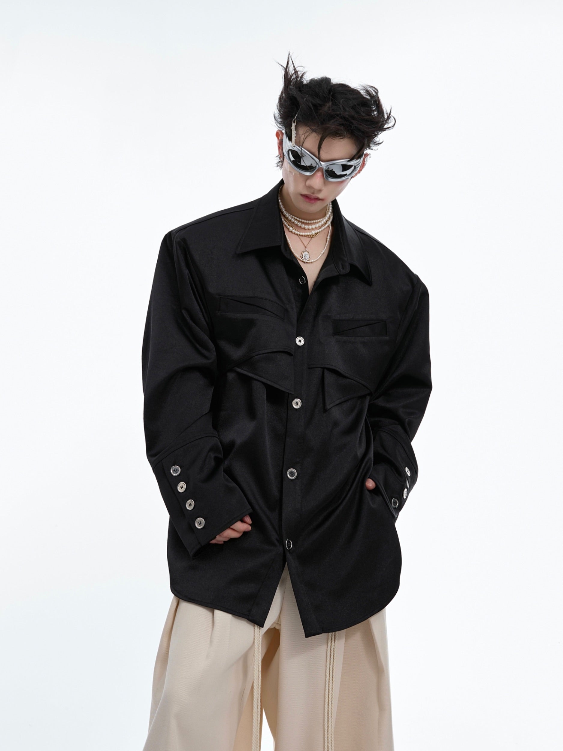 Luxury oversized silk shirt with unique drop shoulder design, perfect for streetwear fashion