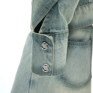 Side angle showing the oversized fit and vintage-inspired design of this statement denim jacket and pants set