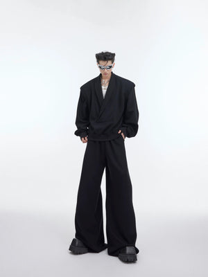 Front view of oversized V-neck hoodie set with stylish metal accents, perfect for spring streetwear looks