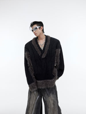 Oversized V-neck knit sweater with bold colorblock fleece trim, perfect for urban streetwear looks