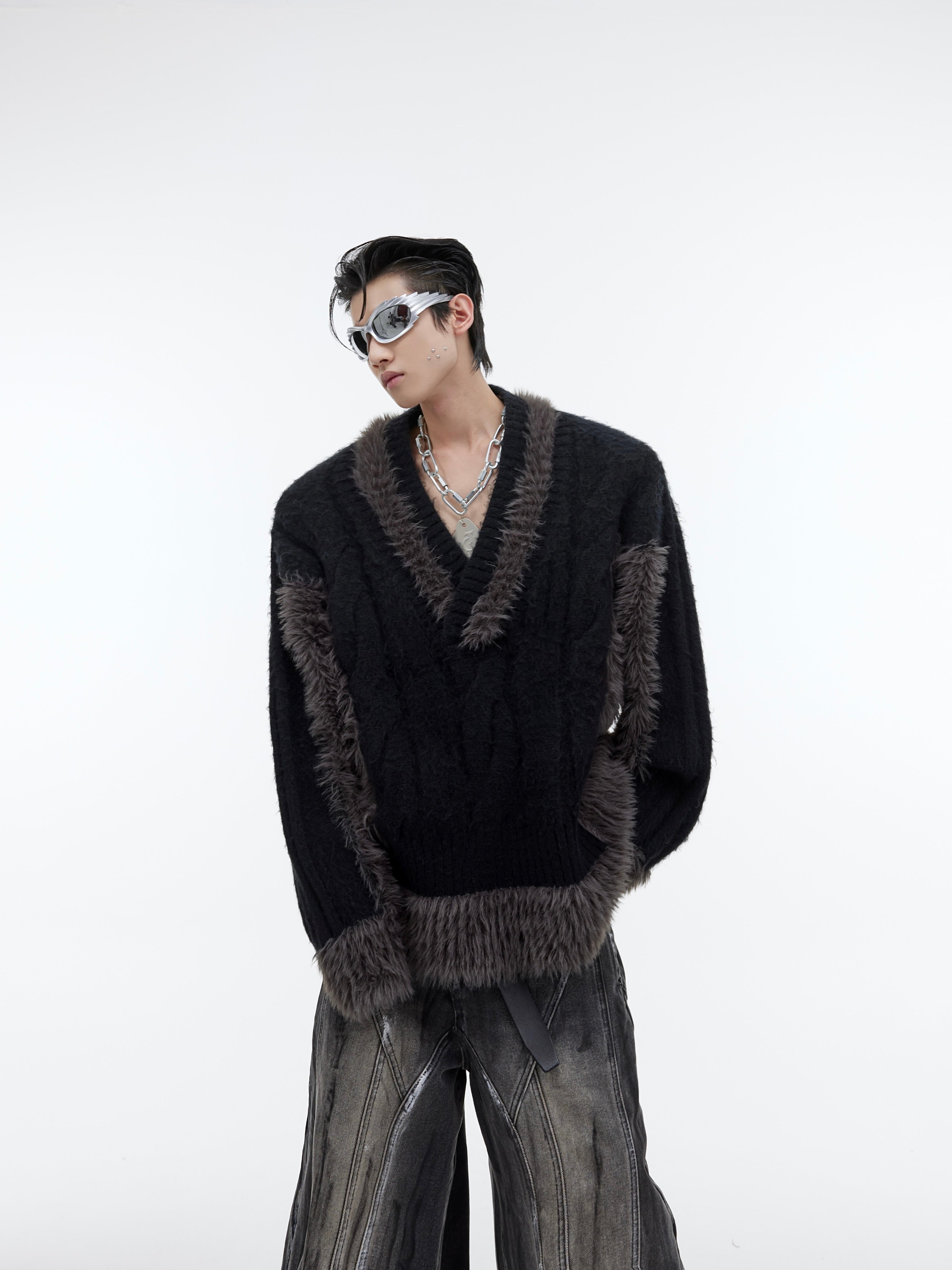 Oversized V-neck knit sweater with bold colorblock fleece trim, perfect for urban streetwear looks