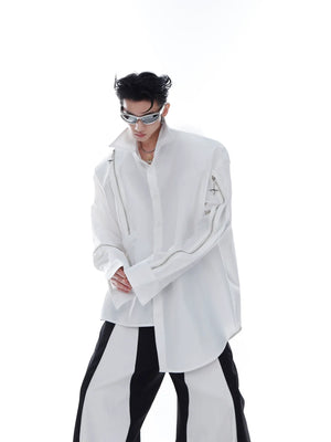 Front view of unisex oversized white shirt-jacket with striking asymmetrical zipper design and avant-garde silhouette