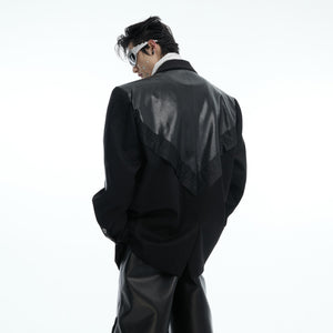 Vintage-inspired patchwork hoodie featuring three color panels and premium PU leather accents