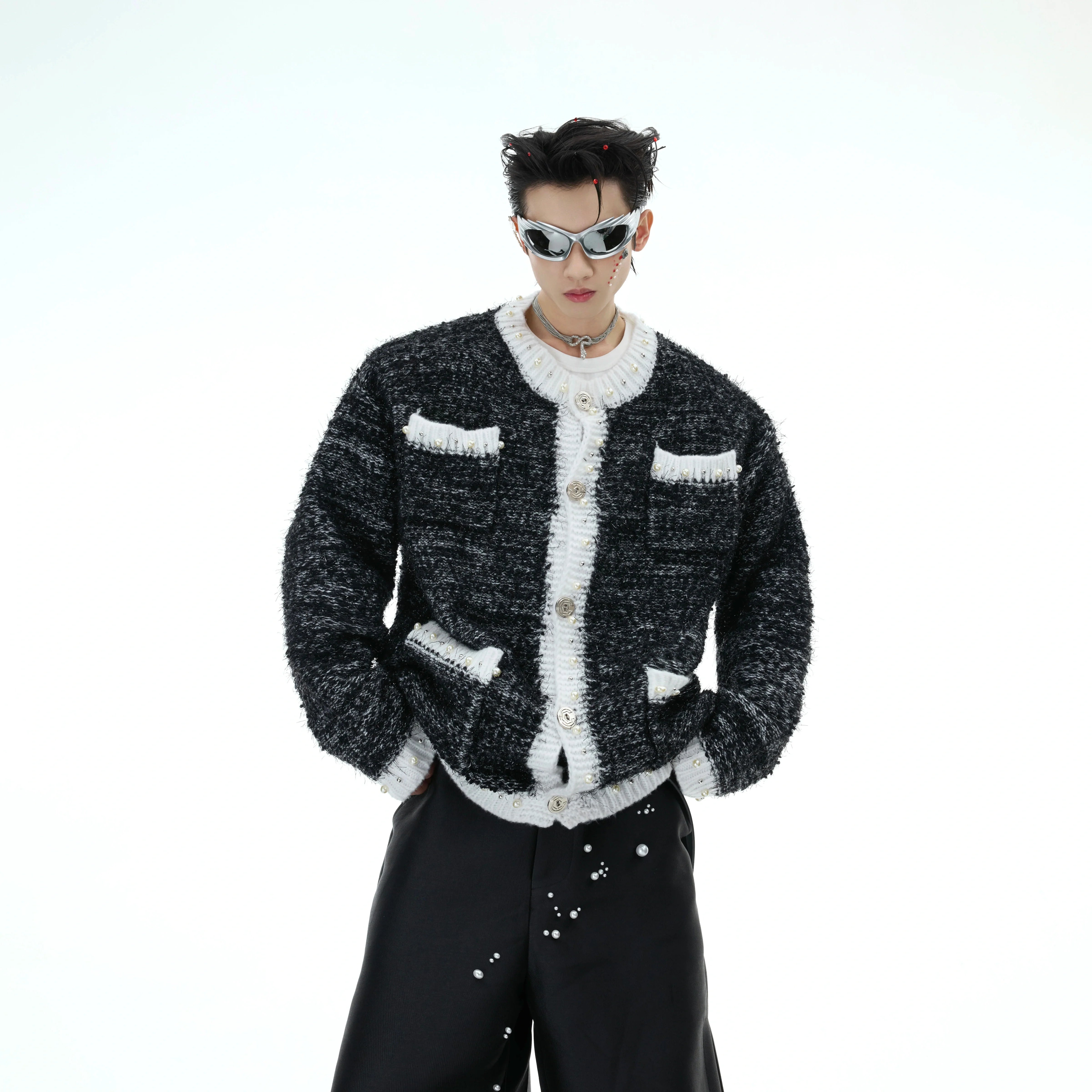 Baroque pearl-trimmed loose knit sweater with tweed texture, perfect for street style fashion