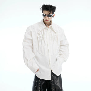 Front view of deconstructed pearl-trimmed oversized shirt, a must-have streetwear essential with unique embellishments