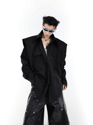 Deconstructed pleated oversized shirt with structured wide shoulders, a minimalist streetwear top for bold fashion statements